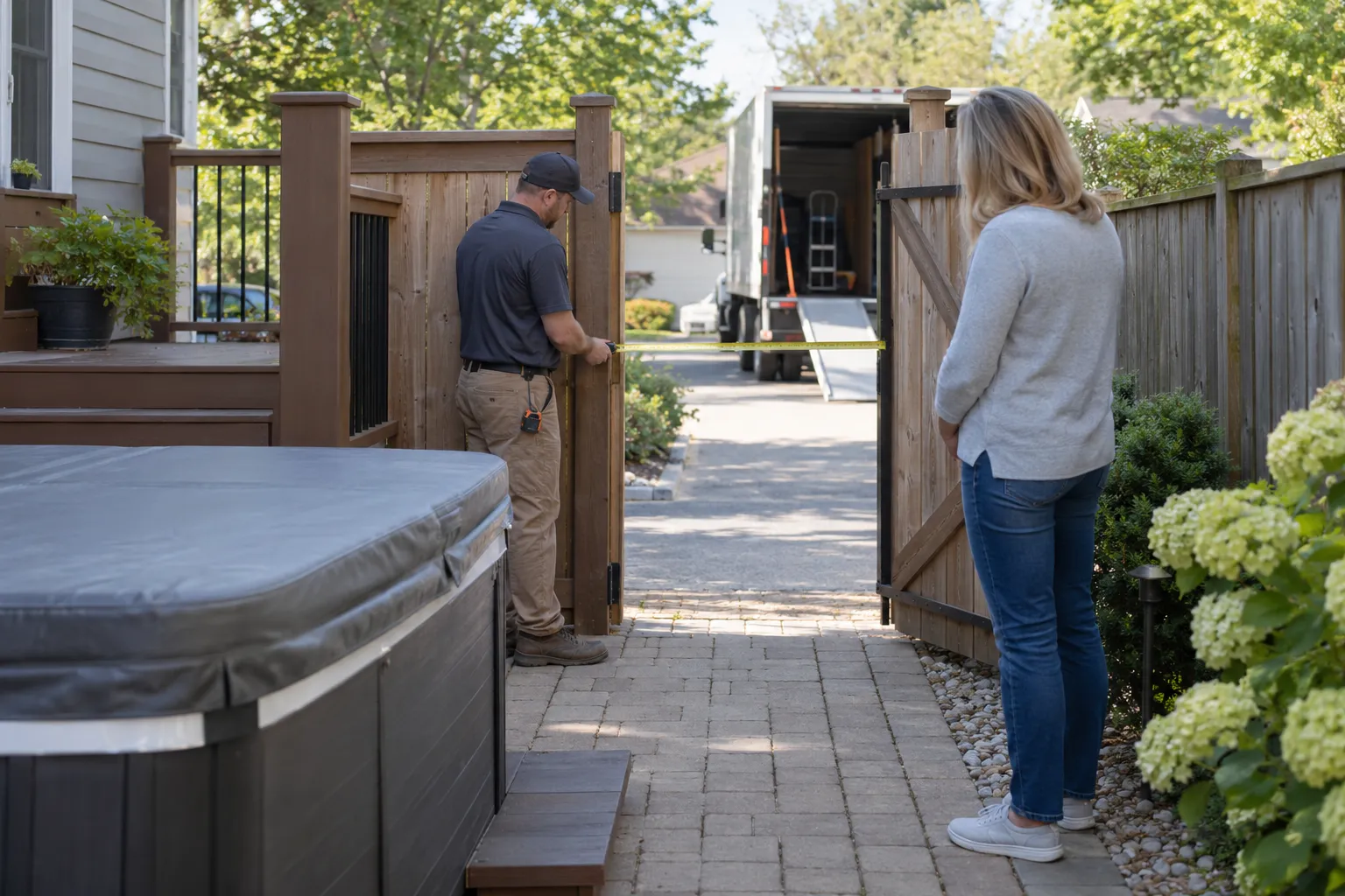 A service professional measuring a backyard gate along the hot tub removal route