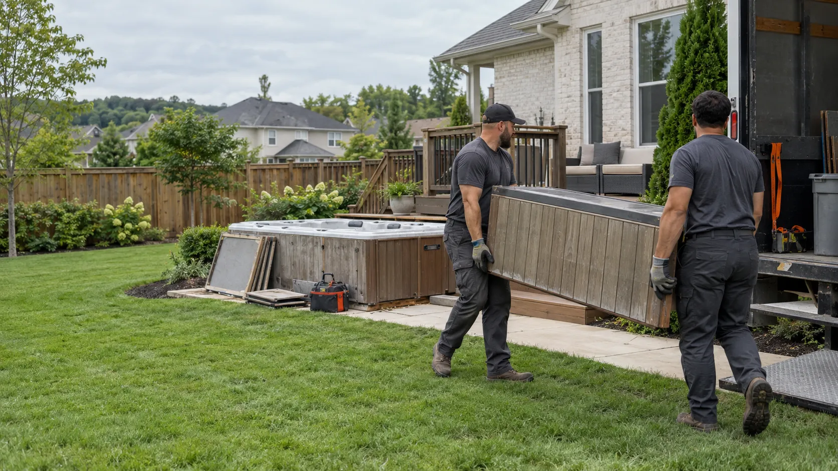 Two service professionals carrying a hot tub cabinet panel toward a hauling truck