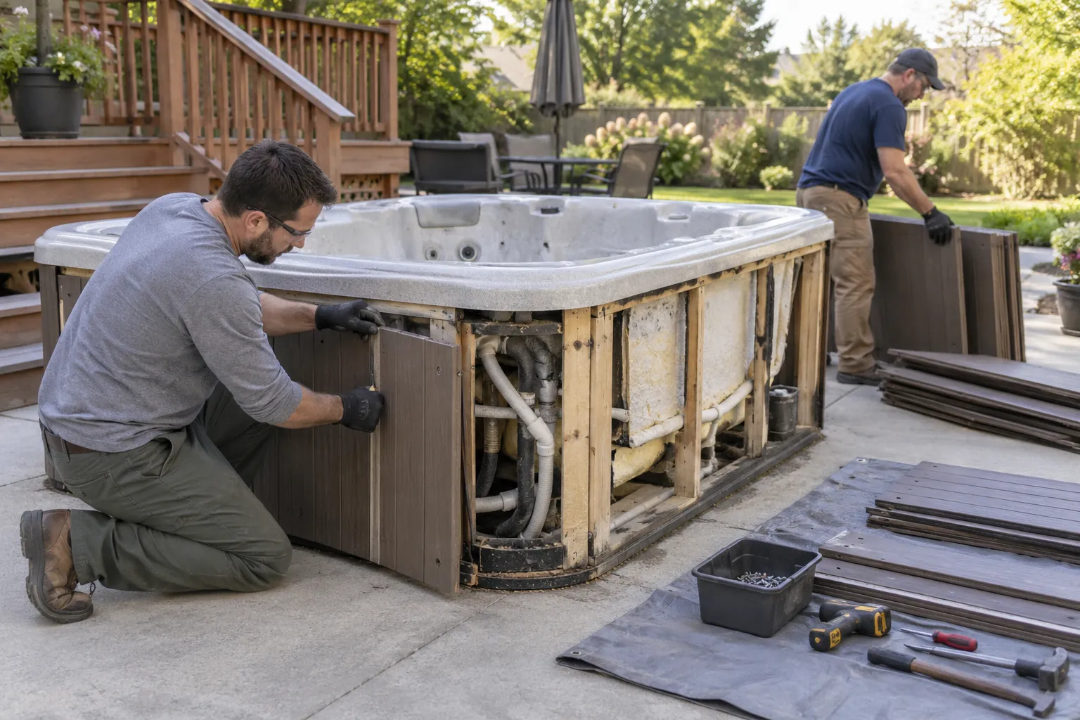 A drained hot tub with cabinet panels being removed in an organized backyard work area
